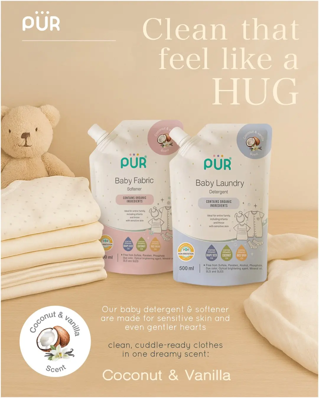 Adoucissant pour linge bébé PUR, formule extra douce, 500 ml
