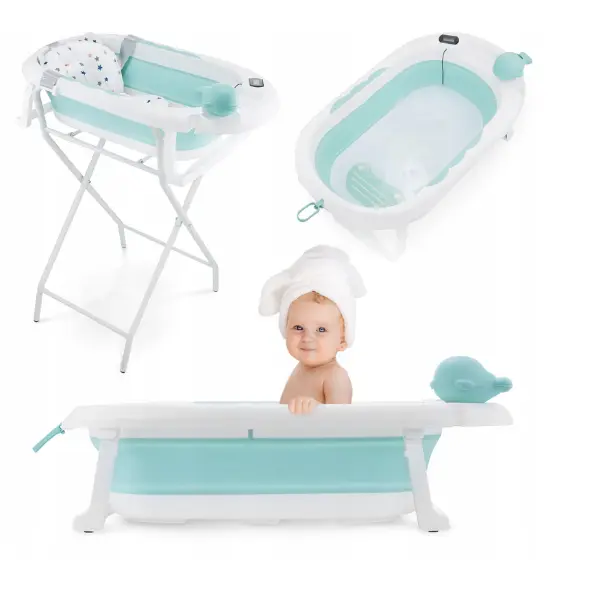 Baignoire Bébé Pliable avec Coussin Ergonomique Antidérapant - Blue