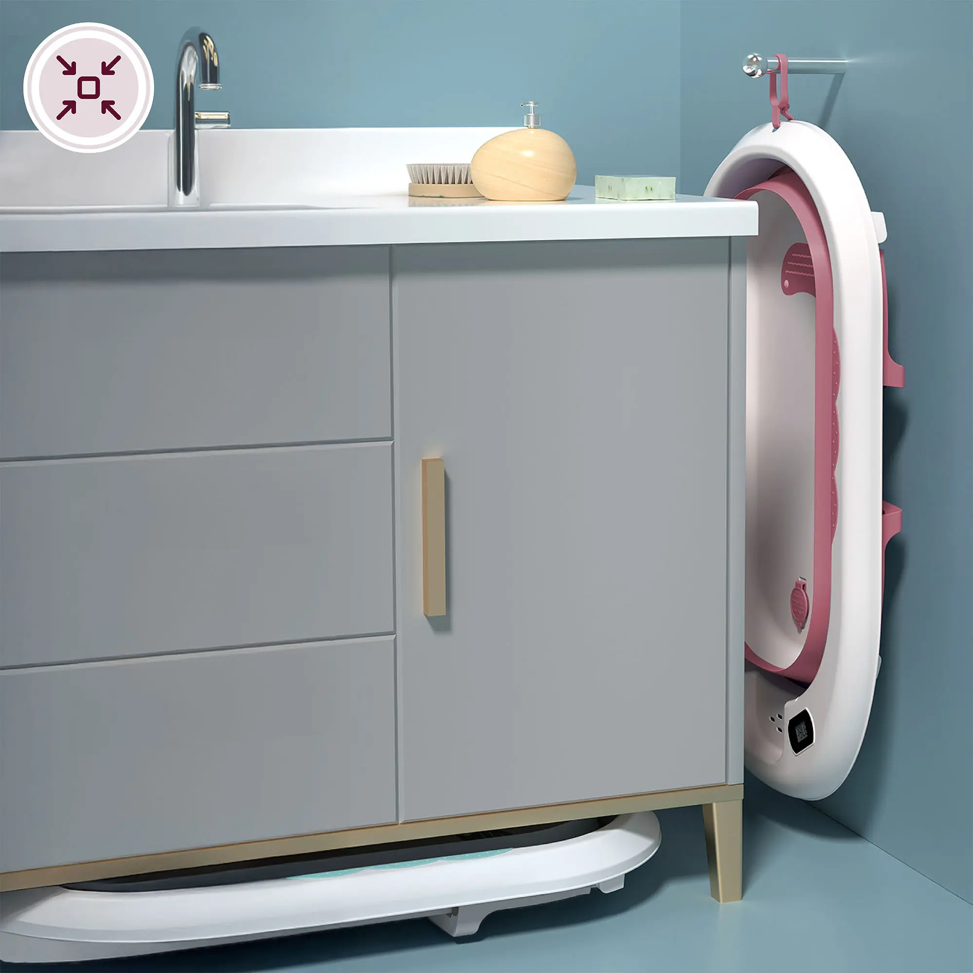 Baignoire Bébé Pliable avec Coussin Ergonomique Antidérapant -Rose