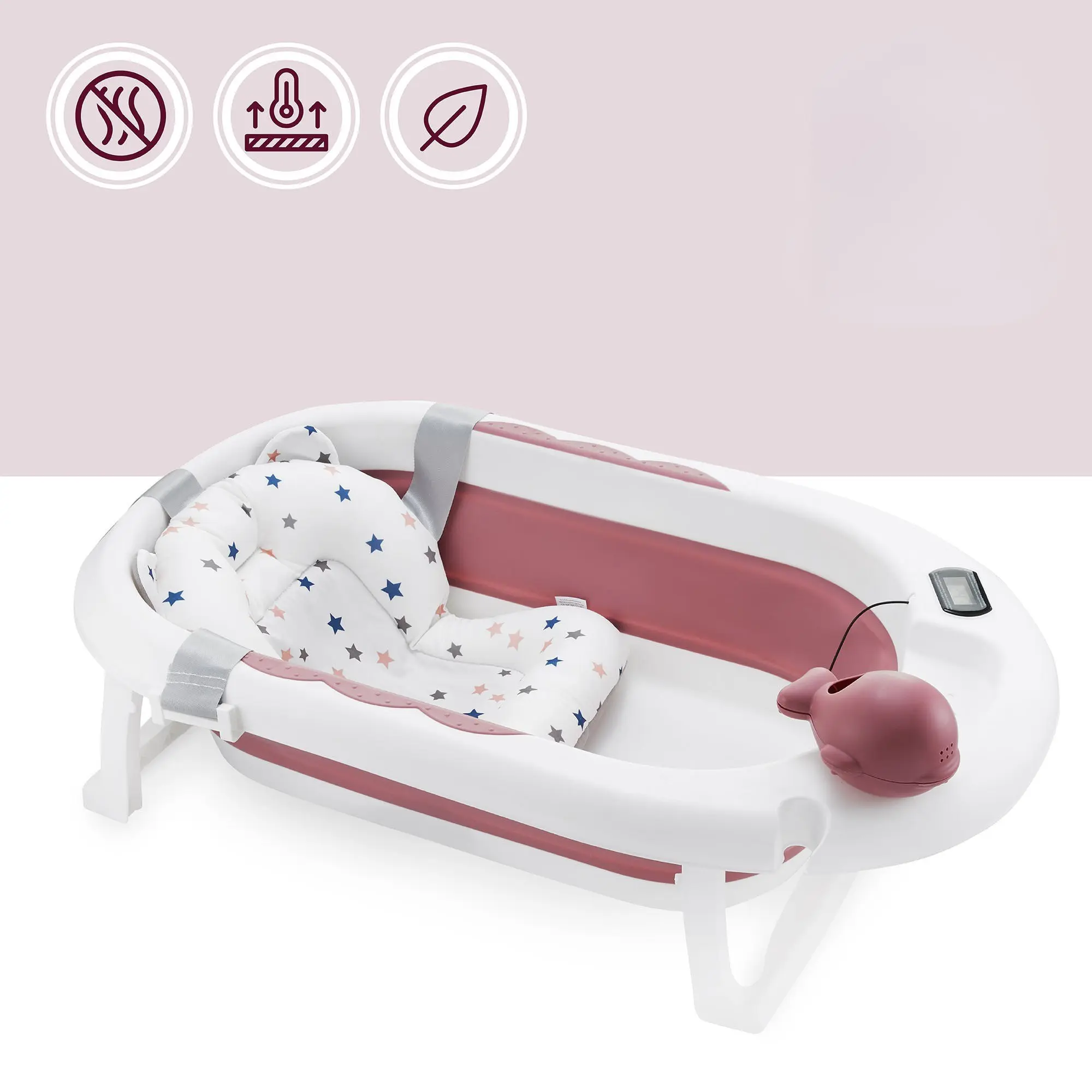 Baignoire Bébé Pliable avec Coussin Ergonomique Antidérapant -Rose