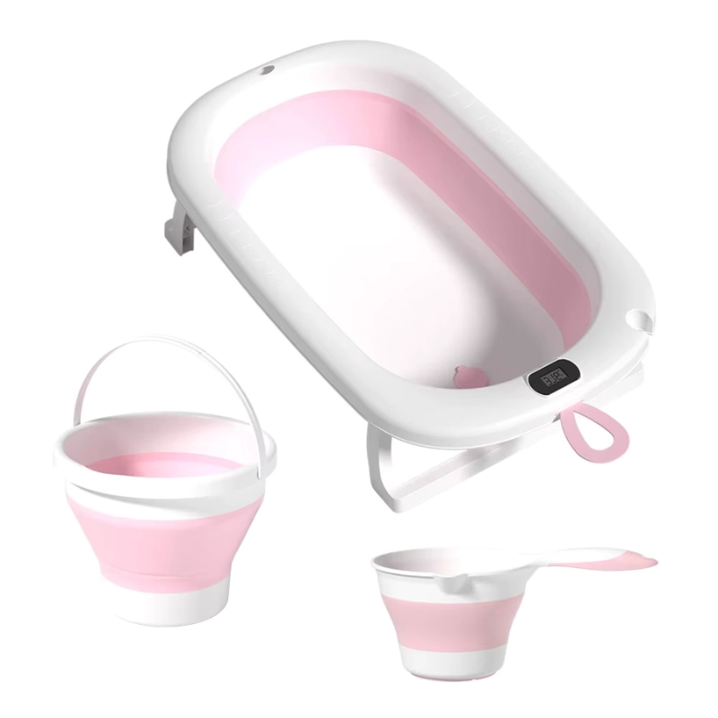 xx Baignoire Bébé Pliable avec Seau et Gobelet – Kidilo – Rose
