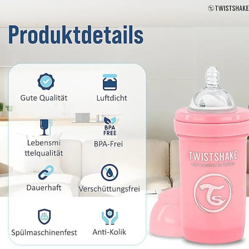 Biberons Anti-Coliques Twistshake 180ml Rose – 2m+