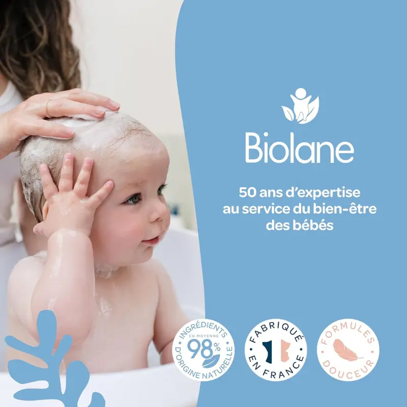 BIOLANE Shampoing Doux Bébé 350ml Nettoie et Démêle les Cheveux – 97% d’Origine Naturelle
