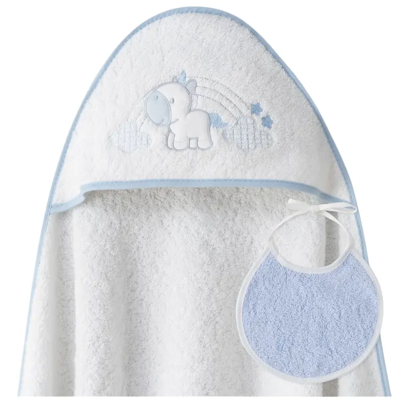 Cape de bain 1x1 motif licorne et nuages ​​+ bavoir blanc/bleu