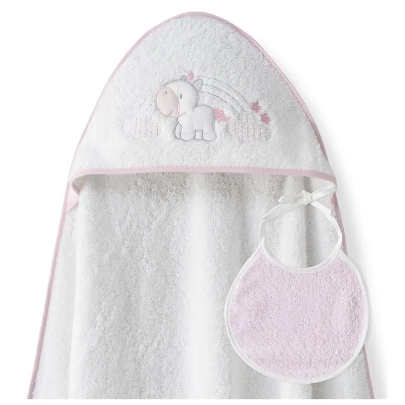 Cape de bain 1x1 motif licorne et nuages ​​plus bavoir  blanc/rose