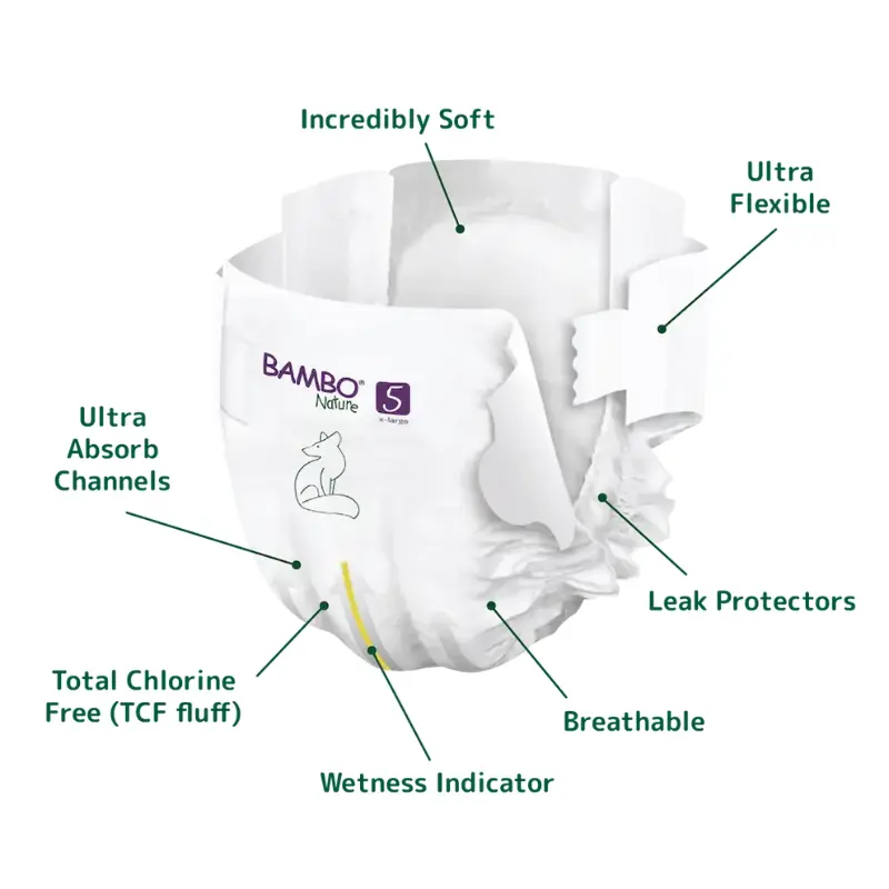 Couches Bambo Nature taille 5 (12-18 kg / 27-40 lb), 44 pièces