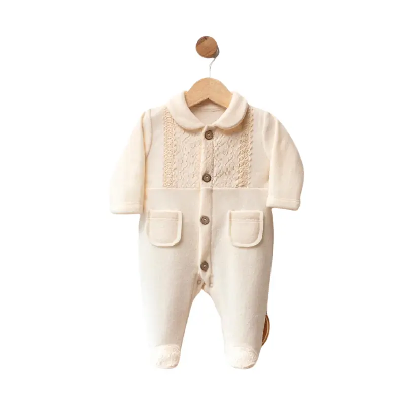 xx Grenouillère bébé en polaire avec dentelle – Crème