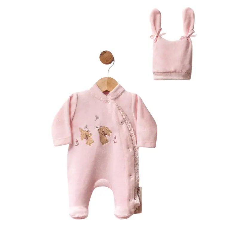 Grenouillère bébé en velours avec broderie lapins