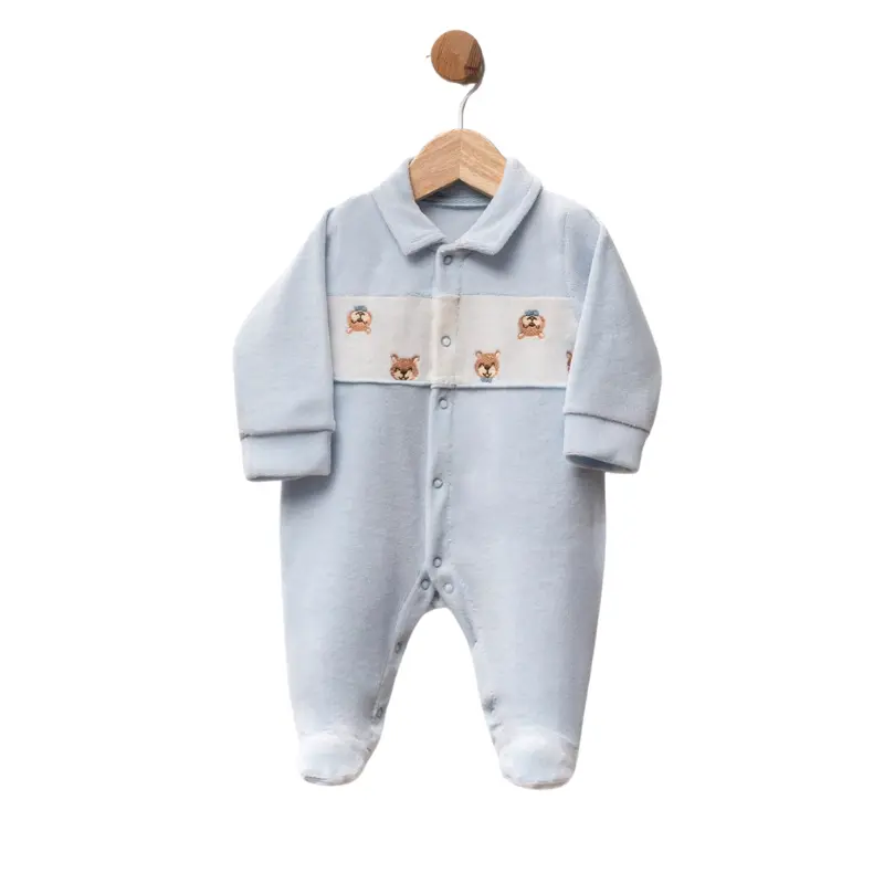 Grenouillère bébé en velours avec oursons brodés