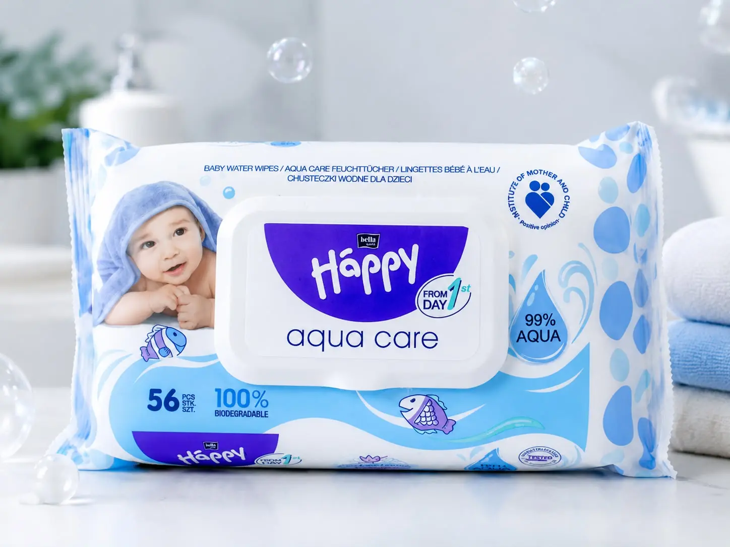 Happy Aqua Care – Lingettes Bébé à l’Eau 99% Biodégradables  56 Lingettes