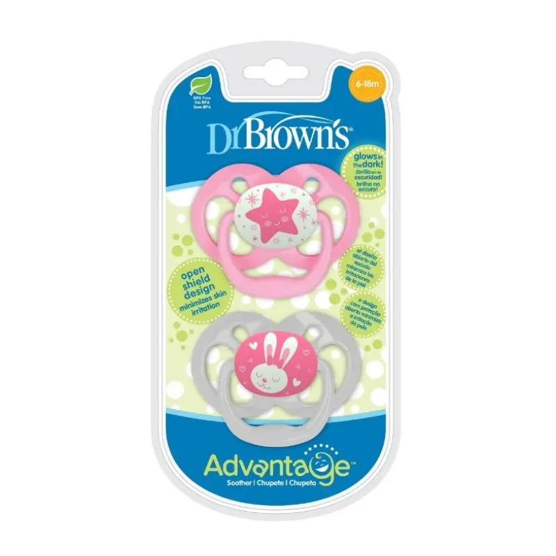 Lot de 2 sucettes Advantage Glow de 6 à 18 mois – Étoiles roses et grises