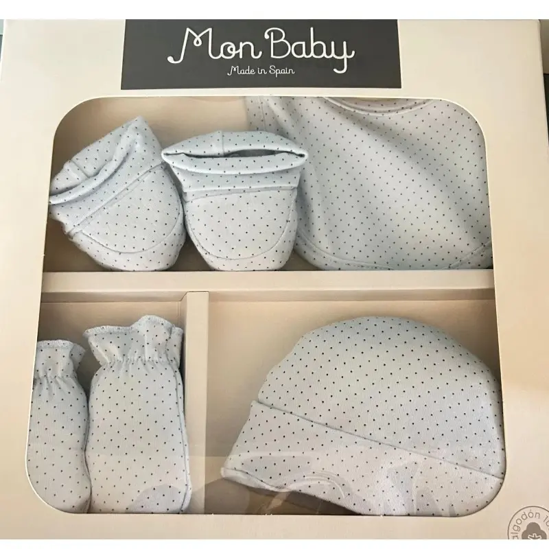 MON BABY Set 4p (Bavoir+Gants+Chaussettes+Bonnet)dots bleu