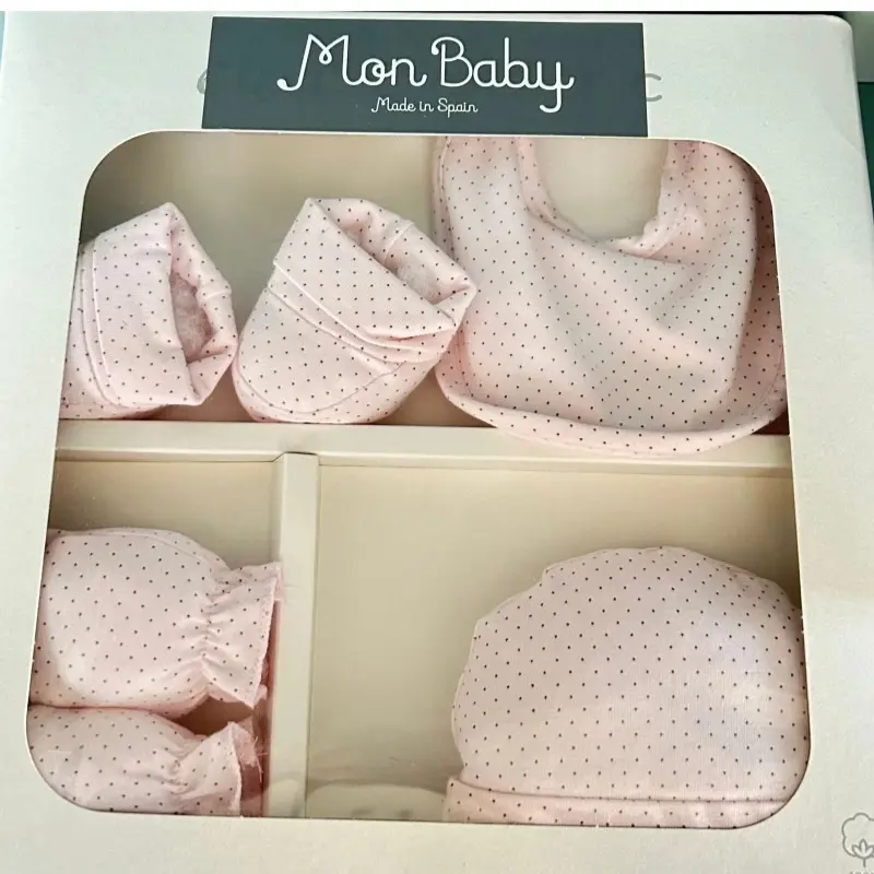 MON BABY Set 4p (Bavoir+Gants+Chaussettes+Bonnet)dots rose