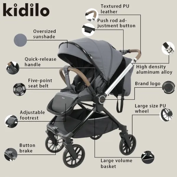 Poussette bébé kidilo deluxe D900 gris foncé