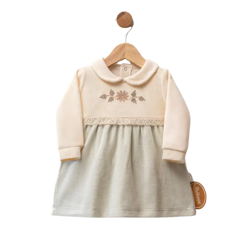 Robe bébé en velours avec broderie florale et col claudine