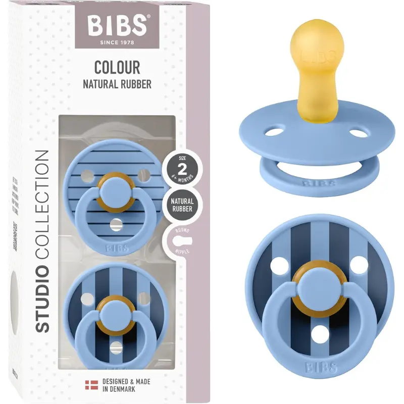xx Sucette Bibs Colour Studio Lot de 2 – Ronde, Latex Naturel, Sans BPA – Bleu Ciel - Pin