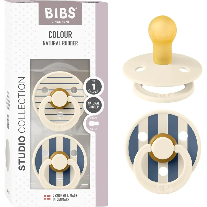 xx Sucettes Bibs Colour Studio Lot de 2 – Tétine ronde, Latex Naturel, Sans BPA – Bleu Acier, Ivoire - Pin
