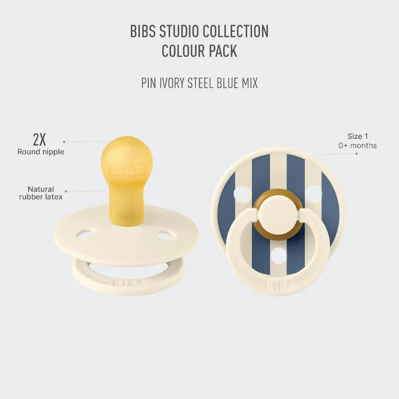 Sucettes Bibs Colour Studio Lot de 2 – Tétine ronde, Latex Naturel, Sans BPA – Bleu Acier, Ivoire - Pin
